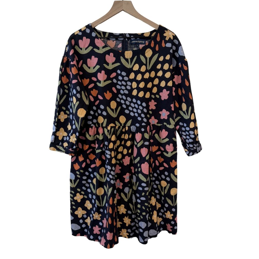 Princess Highway Navy Pink Orange Floral Oversize Baby Doll Dress Sz 12 linen